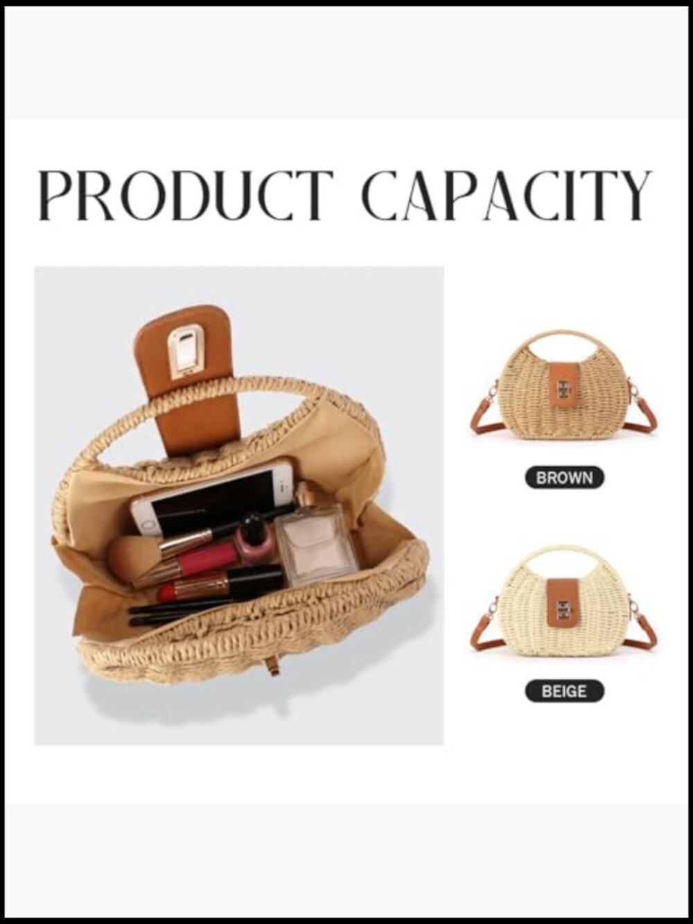 Woven Straw Crossbody Handbag with Top Handle Detachable Strap Summer Beach - Picture 4 of 7